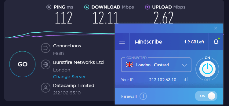Windscribe-speed-test-UK-server
