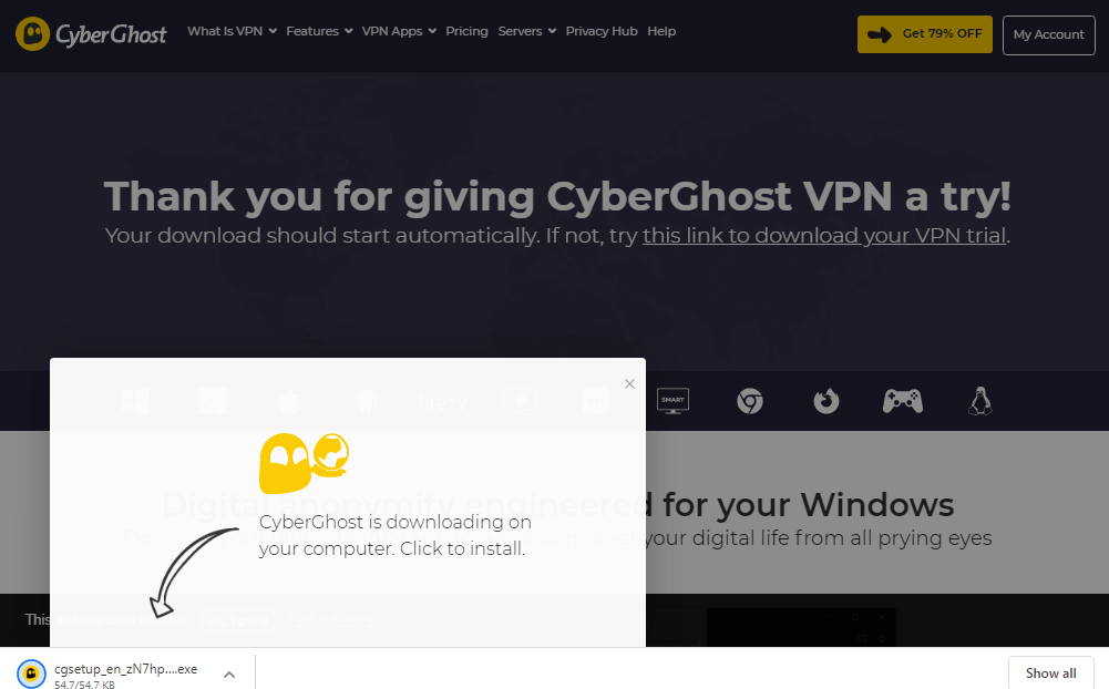 Downloading CyberGhost VPN free trial