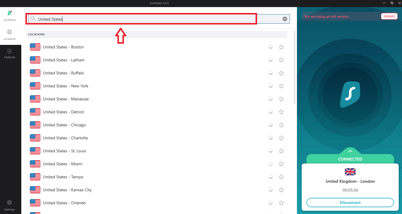 Surfshark VPN search bar