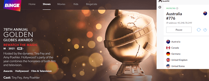 golden-globe-awards-streaming-via-binge-from-abroad-using-nordvpn-australian-server