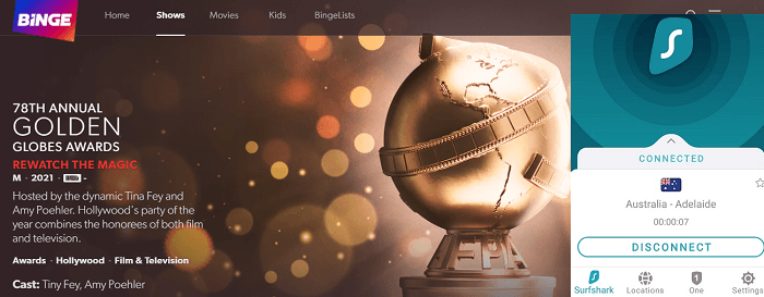 golden-globe-awards-streaming-via-binge-from-abroad-using-surfshark-adelaide-server