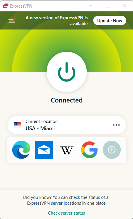 Connected to Miami server of ExpressVPN